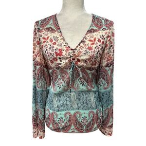 Womens Size 14 P Tunic Top Boho Paisley Floral Ruched V-Neck Blouse Resortwear